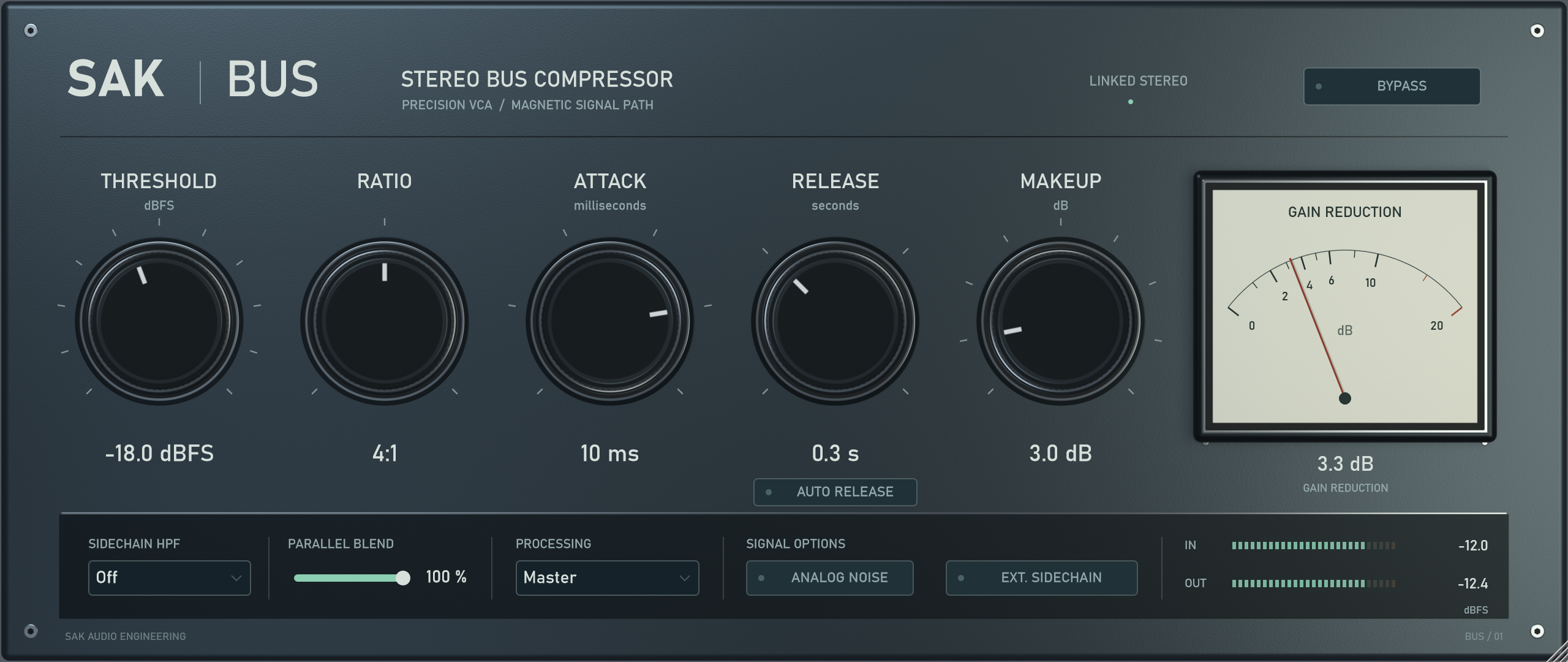 The shipping SAK-BUS interface: Threshold, Ratio, Attack, Release, Makeup, gain reduction meter and sidechain, blend and processing controls.