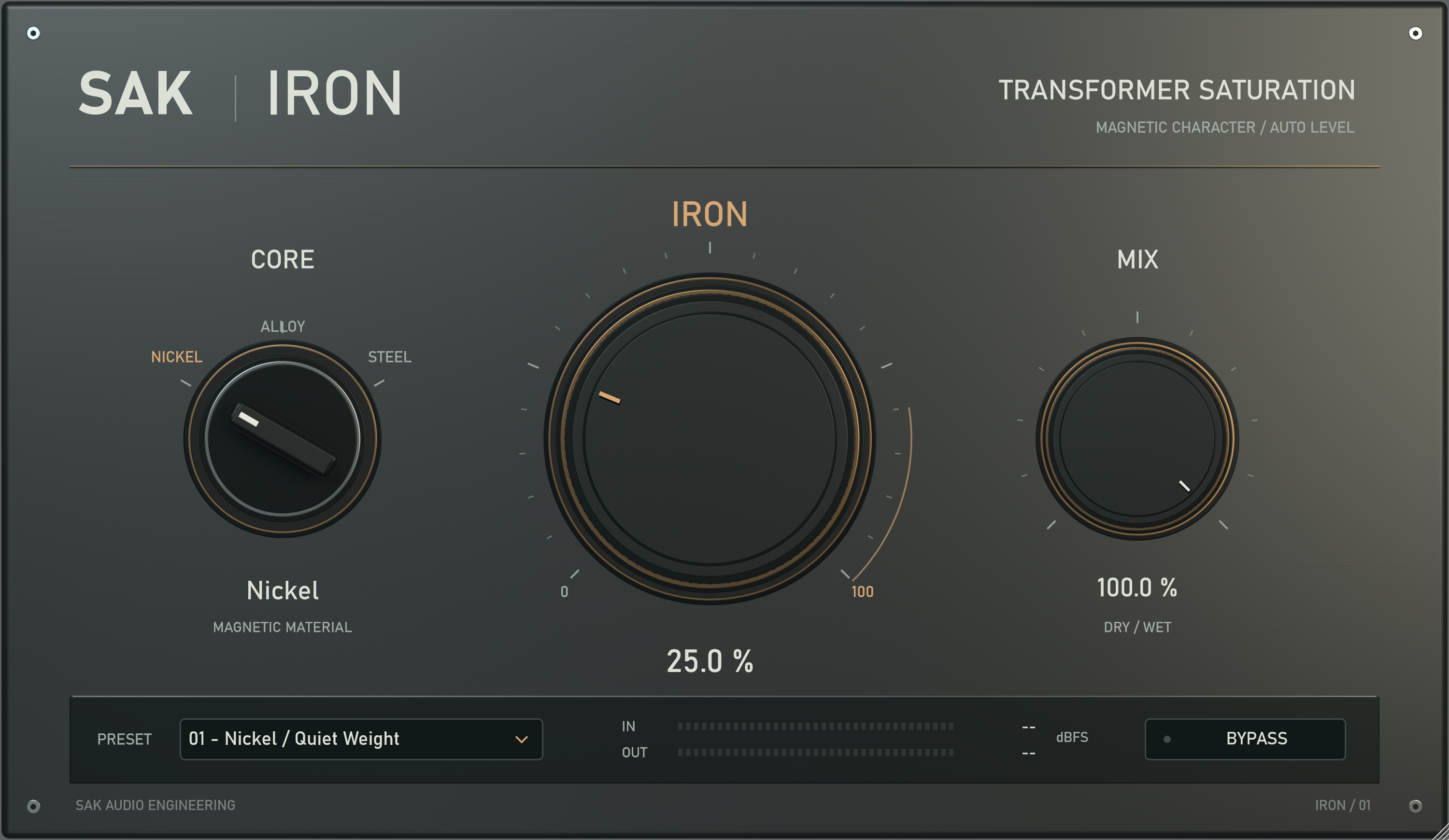 SAK-IRON transformer saturation interface with Nickel, Alloy and Steel CORE profiles, IRON, MIX and automatic level compensation.