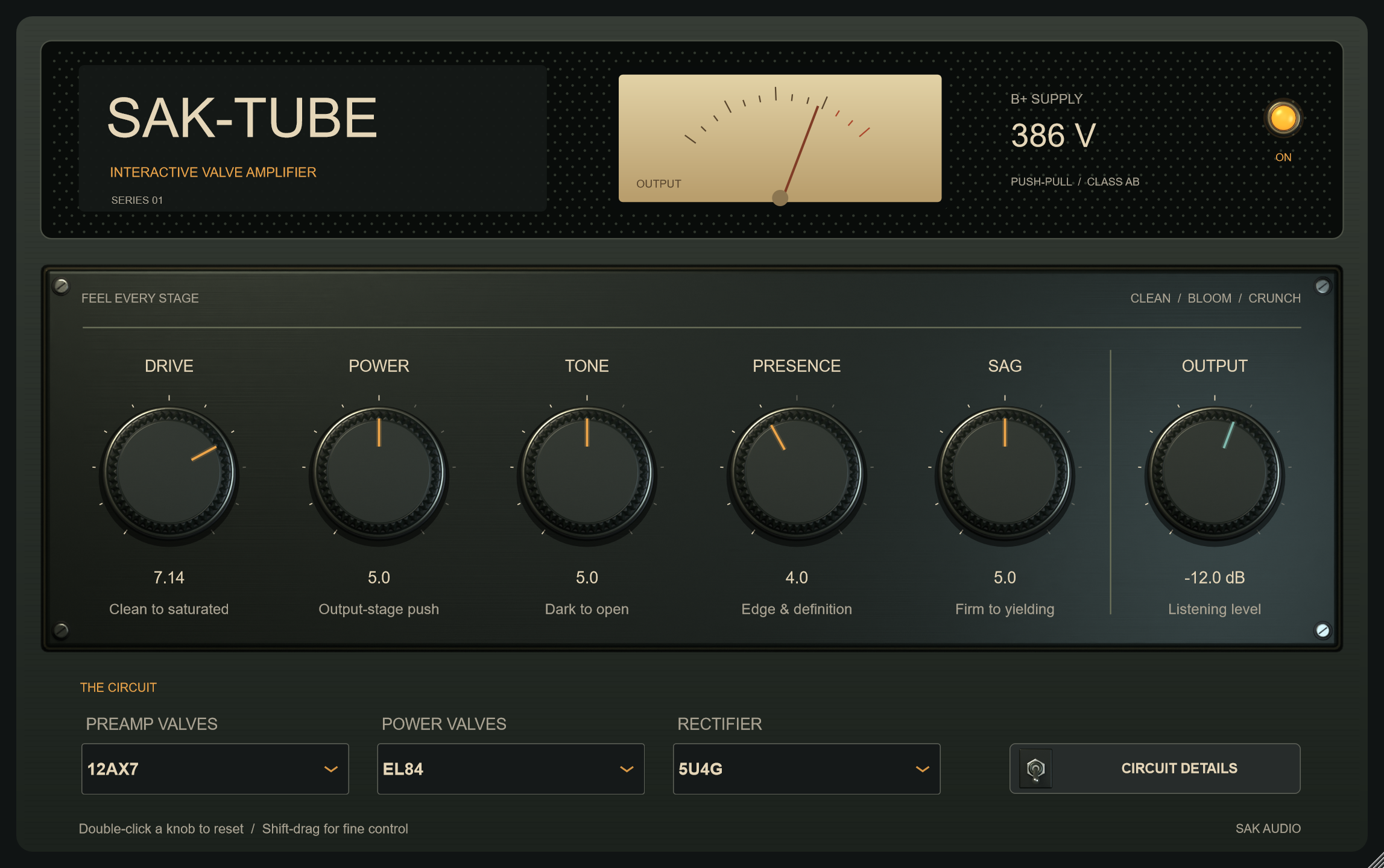 SAK-TUBE valve amplifier interface with Drive, Power, Tone, Presence, Sag and Output controls.